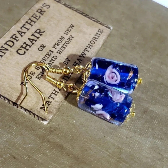 Cobalt Blue Murano Lampwork Glass Flower Inside Vintage Bead Round Tube Earrings - Picture 5 of 10